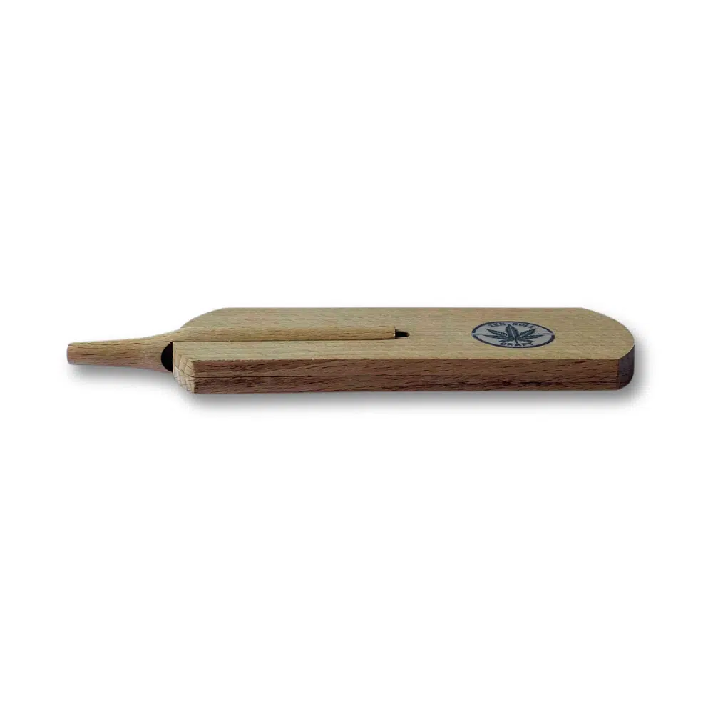 Support pour rouler-PocketRoller Go bois clair-Plat Support en bois pliable avec tasseur intégré pour roulage de CBD, support à rouler plié